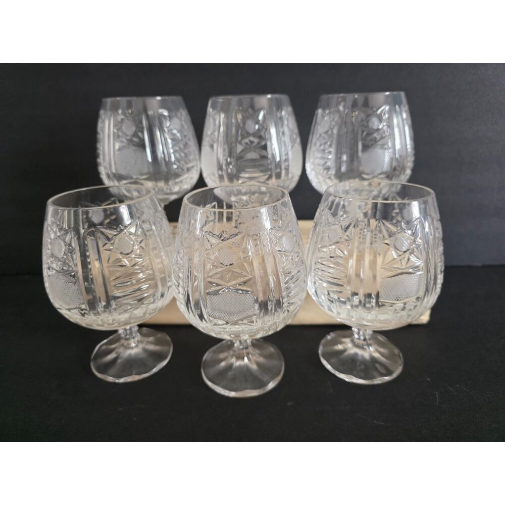 Set Of 6 Vintage Crystal Cut Glass Brandy Snifter Goblets 5.5" Tall Intricate Et